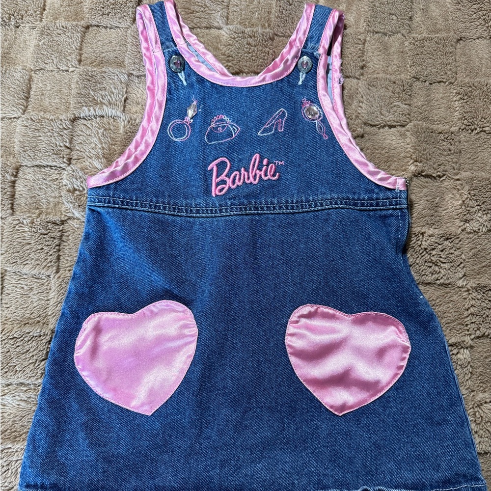 Vintage Barbie Denim Overalls with Pink Heart Pockets